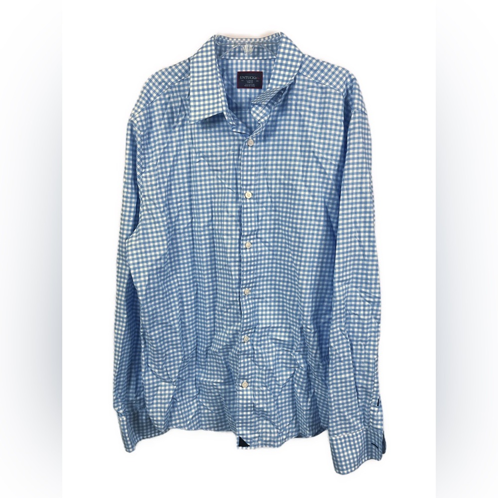 UNTUCKit Men's Carneros Lightweight Blue Gingham Print Button Down‎ Shirt- Large